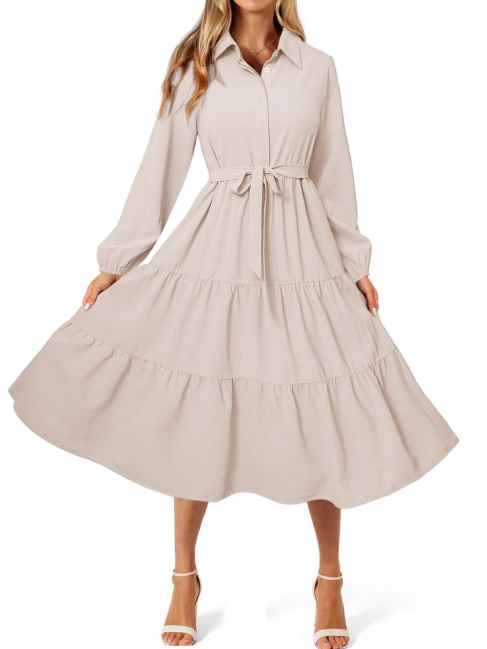 Womens Long Sleeve Dresses 2026 Maxi Casual V Neck Belted Button Down Wedding